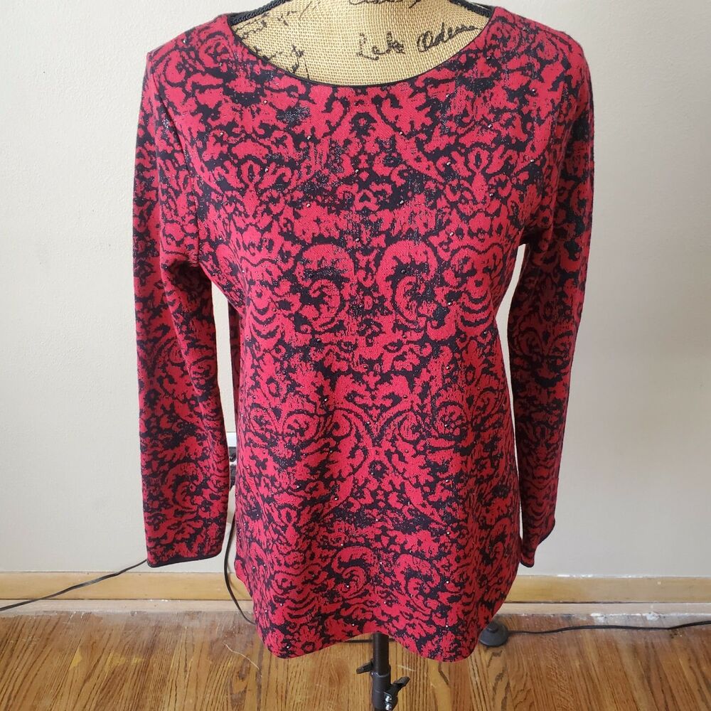 J. Jill Womens Red Black Damask Knit Sweater Rhinestone Sparkle Size Small